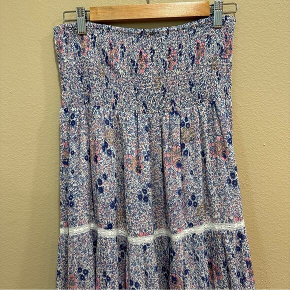 NWT Alicia Bell Blue Pink Boho Floral Cotton Silk Maxi Skirt Large - Picture 7 of 14
